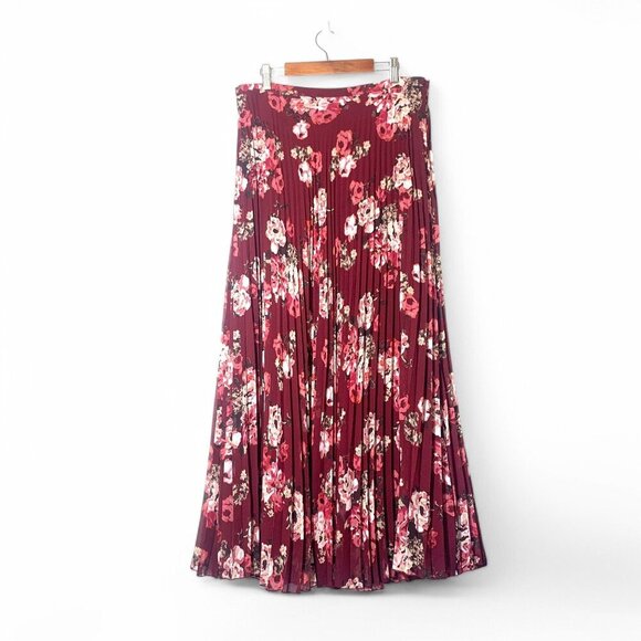 Garnet Hill Floral Pleated Plisse Maxi Skirt Size 10 Red & Pink Polyester Lined - Picture 1 of 7